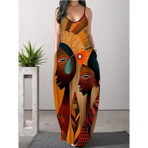 Women's African Print Maxi Dress-Sleeveless Adjustable Straps, Pockets and V-neck | Breathable Medium Stretch Ankara Style Design, Loose and Comfortable Style Suitable for Beach Vacations and Leisure Outings, Beachwear Corset