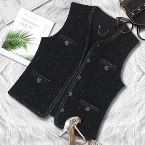 Fashionable Women's Top New Woolen Vest Black Round Neck Sleeveless Buttoned Waistcoat Jacket Fitted Minimalist Basic Crewneck - Womenswear, Summer