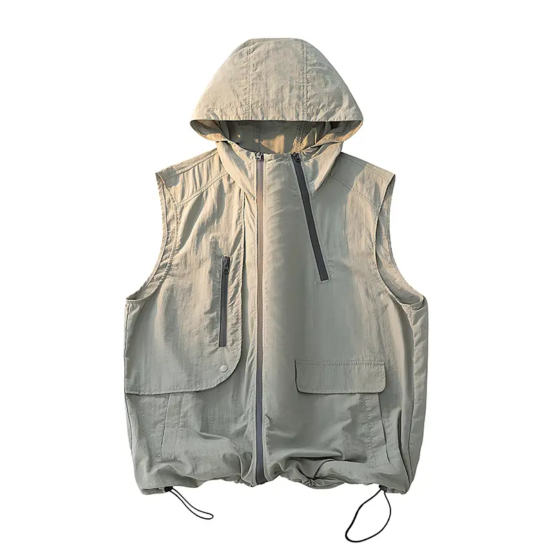 Men's Quick Dry Hooded Vest, Casual Nylon Sleeveless Gilet with Multiple Pockets for Hiking, Breathable & UV-Protective, Male, Slim-Fitting, Solid, Sports, Light Waistcoats & Gilets
