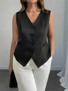 Elegant Chic Minimalist V-Neck Sleeveless Button Vest, Gilet, Slim Fit Business Casual Outerwear, Perfect for Professional Settings, Stylish and Versatile Design, Womenswear