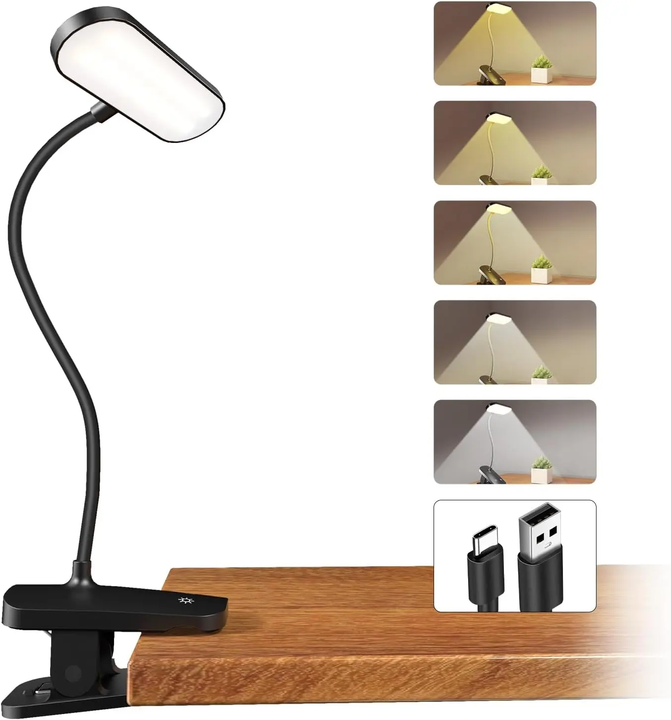 Black Clip-On LED Desk Lamp - 38LED High-Quality Lights, 1800mAh USB-C Rechargeable, 3.3ft USB Cable, Rotatable, Gooseneck Flex, Adjustable Handle, 5 Brightness Levels, Color-Adjustable for Elderly & Children's Dorm