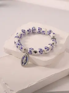 Ceramic Cross Pendant Bracelet Accessory, Flower Design Bracelet, Blue Porcelain Chain Jewelry Gift for Men & Women, Unisex Fashion Charm Necklace