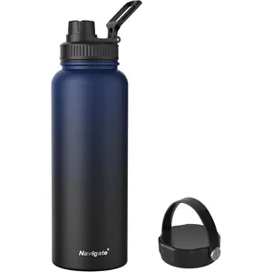 40 oz Stainless Sports Bottle with Spout & Handle Lids,Wide Mouth Jug with Walled Leak Keep Cold for 24 Hrs Hot for 12 Hrs,Blue to Black