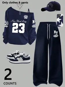 women/Teen Girls' Asymmetrical Strap Top & Wide-leg Pants Set, Oversized Loose Long-sleeve with Number "23" Letter Print, Soft & Versatile Unisex Casual Outfit, Womenswear