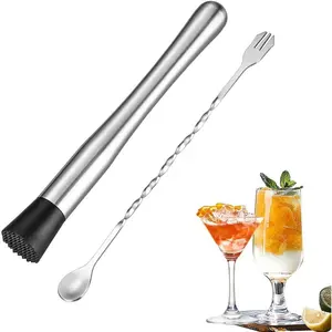 2 Pcs Cocktail Muddler Set Includes 10 Inch Muddler and 8 Inch Bar Spoon Stainless Steel Cocktail Accessories for Making Delicious Mojitos and Other Fruit Based Drinks