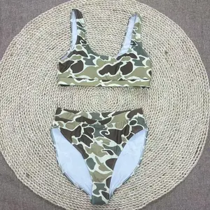 Girls' 2-Piece Camouflage Bikini Swim Set - High Waist, Tight Snug Fit, Stretchy Polyester, Quick-Dry, Lightweight, True-to-Size Beachwear for Pool, Vacation