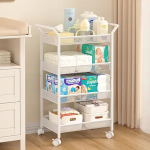 Baby Diaper Cart, 4-Tier Diaper Organizer and, Rolling Cart for Baby Supplies, Diaper Cart with Wheels for Bedroom, Nursery, Changing Table, White