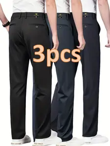 Men's Loose Straight Leg Elastic Formal Pants, 3 Piece Set, Anti-Wrinkle Comfortable Business Casual Trousers for All Seasons