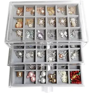 Earring Organizer Box   Organizer with 3 Drawers 54 Adjustable Grids Clear Stackable Earring Holder  Trays Ring Display Case for Women Girls (Gray)