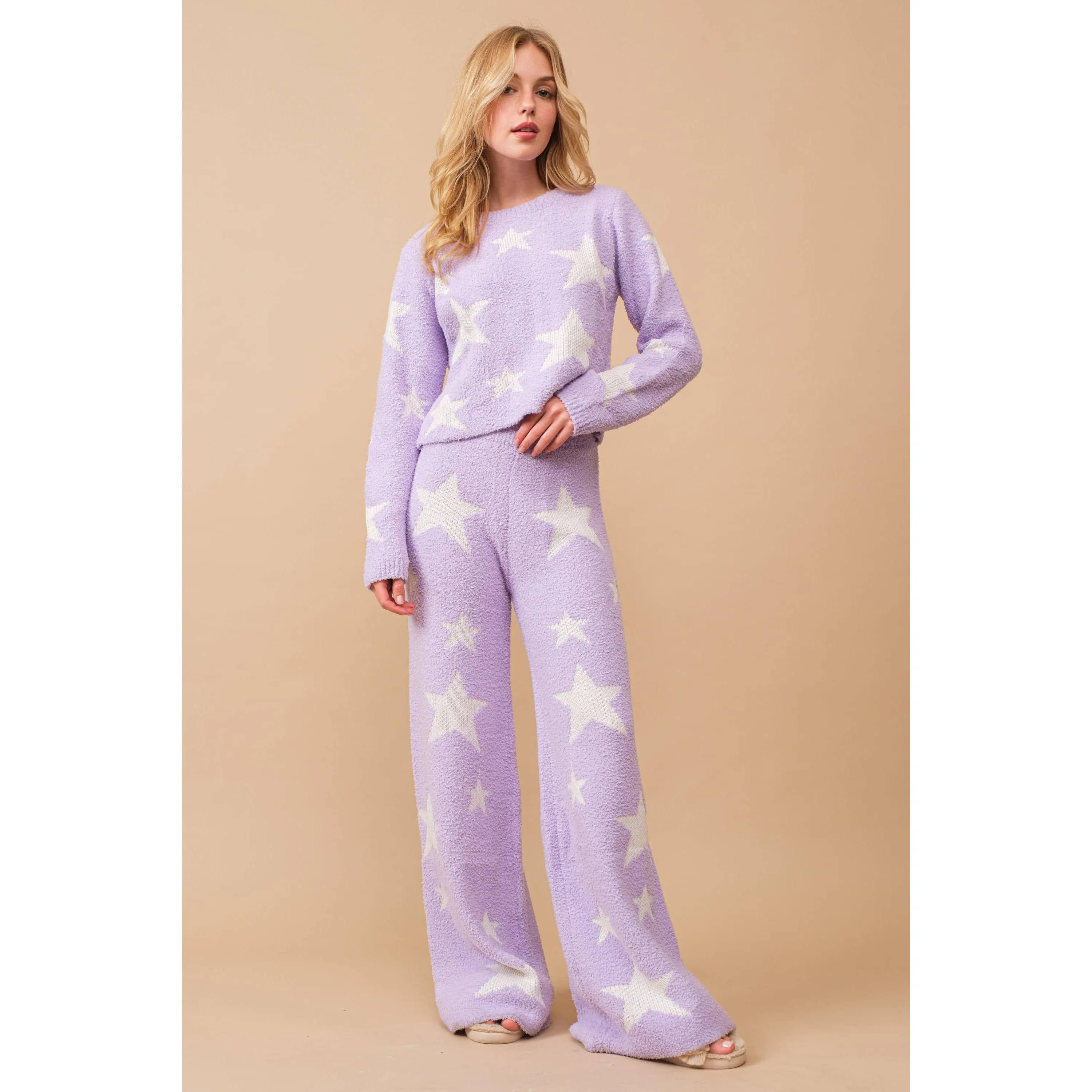 Starry Night Lounge Set - Lavender, Autumn Winter Fleece, High Waist, Wide Leg Flare, Long Sleeve Cropped Sweater, Cozy & Soft