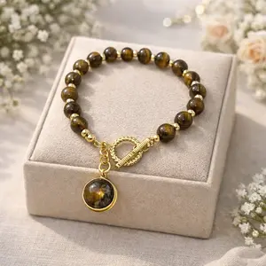 Tiger Eye Beaded Bracelet with Gold Toggle Clasp and Charm – Handmade Protection Stone Bracelet