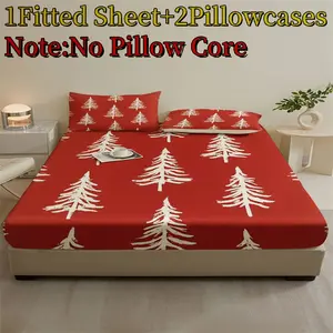 Valentine's Day Digital Printed Bed Sheet Set of Three, King and Queen Size, Soft and Comfortable Bed Head Cover, Tree Pattern, Romantic Valentine's Day Gift, Suitable for Bedroom and Guest Room Comfortable Bedding (1 Bed Sheet + 2 Pillowcases)