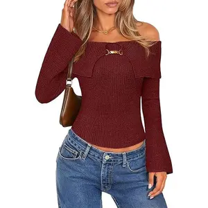 MEROKEETY Women's Off Shoulder Sweater 2025 Fall Cute Bell Long Sleeve Ribbed Knit Winter Pullover Knit Outfits