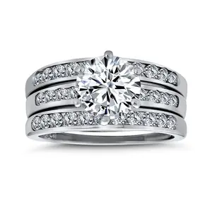 3.5CT Solitaire CZ 3 Row Enhancer Guard Engagement Ring Band Set Sterling Silver