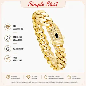 New Arrival 14K Gold Plated Cuban Bracelet with Zirconia Hip Hop Waterproof Unisex Jewelry - Men's Accessories, Beach Essentials, Men's Bracelets, Available in 6MM-14MM, Luxury Sparkling Bracelet for Men Women,  Preserved   Acrylic   permanent  bracelet
