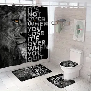 Lion Pattern Bathroom Decorations, 4 Counts/set Including 1 Shower Curtain with 12 Hooks & 1 Toilet Lid Cover & 1 Rectangular Mat & 1 U-shaped Mat