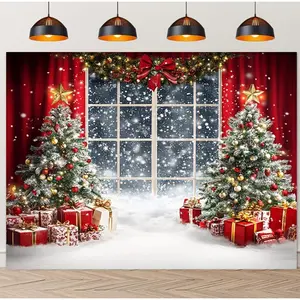Christmas Window Backdrop – Snowy Night Scene with Xmas Trees & Gifts Banners | 2D Flat Wall Tapestry Holiday Decor 2025 | Cozy Winter Wonderland Photo Background | Trending TikTok Room Setup Peach Print Lightweight Ornaments