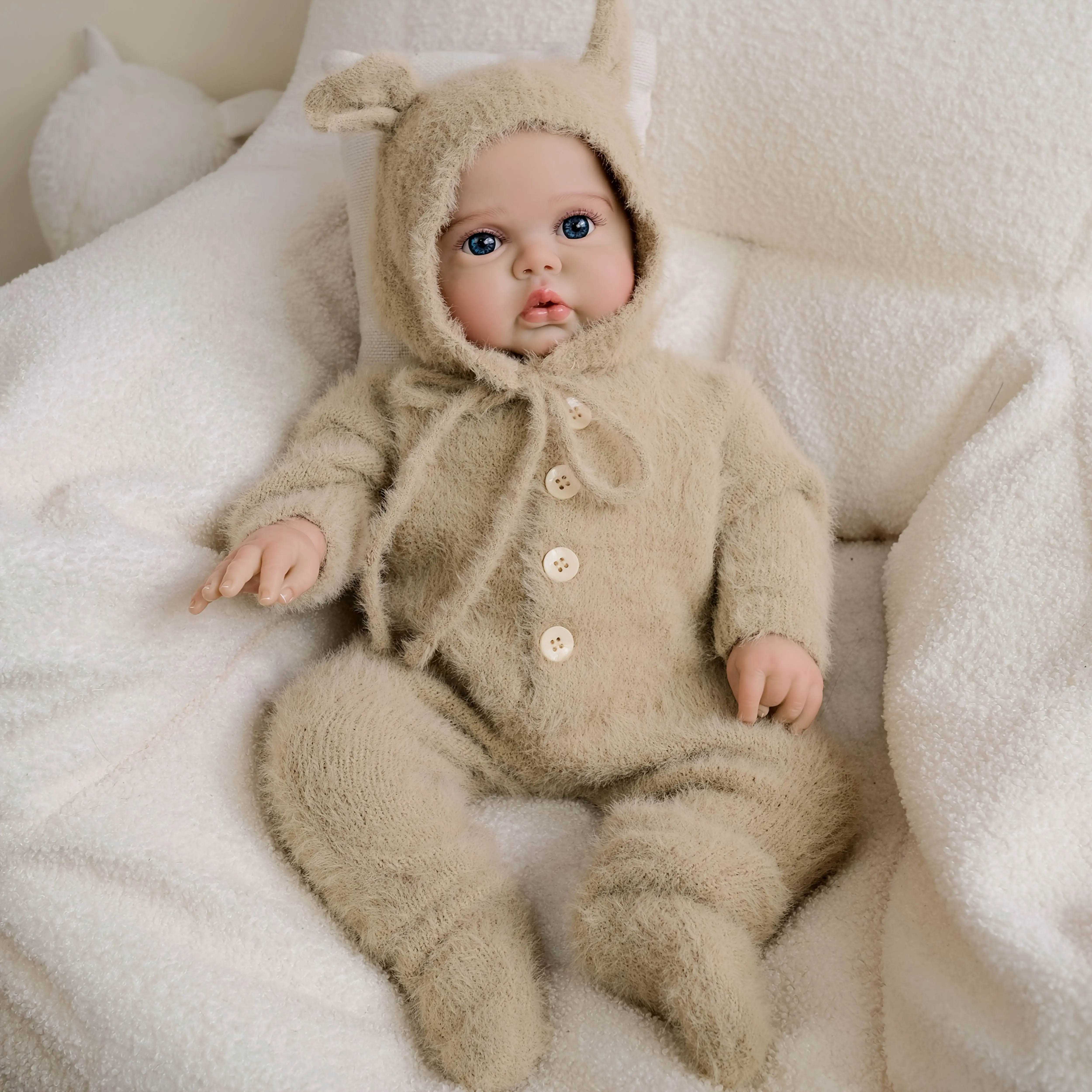 Lifelike Realistic Newborn Baby Doll - Beige Bunny Costume with Expressive Blue Eyes, Soft Cloth Body & Weight, Lifelike Light Beige Texture - Educational Roleplay for Kids Age 3+ - Ideal Birthday Christmas Gift for Girls & Boys