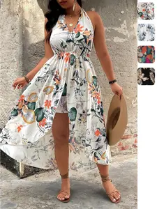 【Plus Size】 Two-piece Set Floral Print Split Hem Top & Shorts Set, Boho Casual Two-piece Outfits for Beach Vacation Holiday, Women's Clothes for Summer