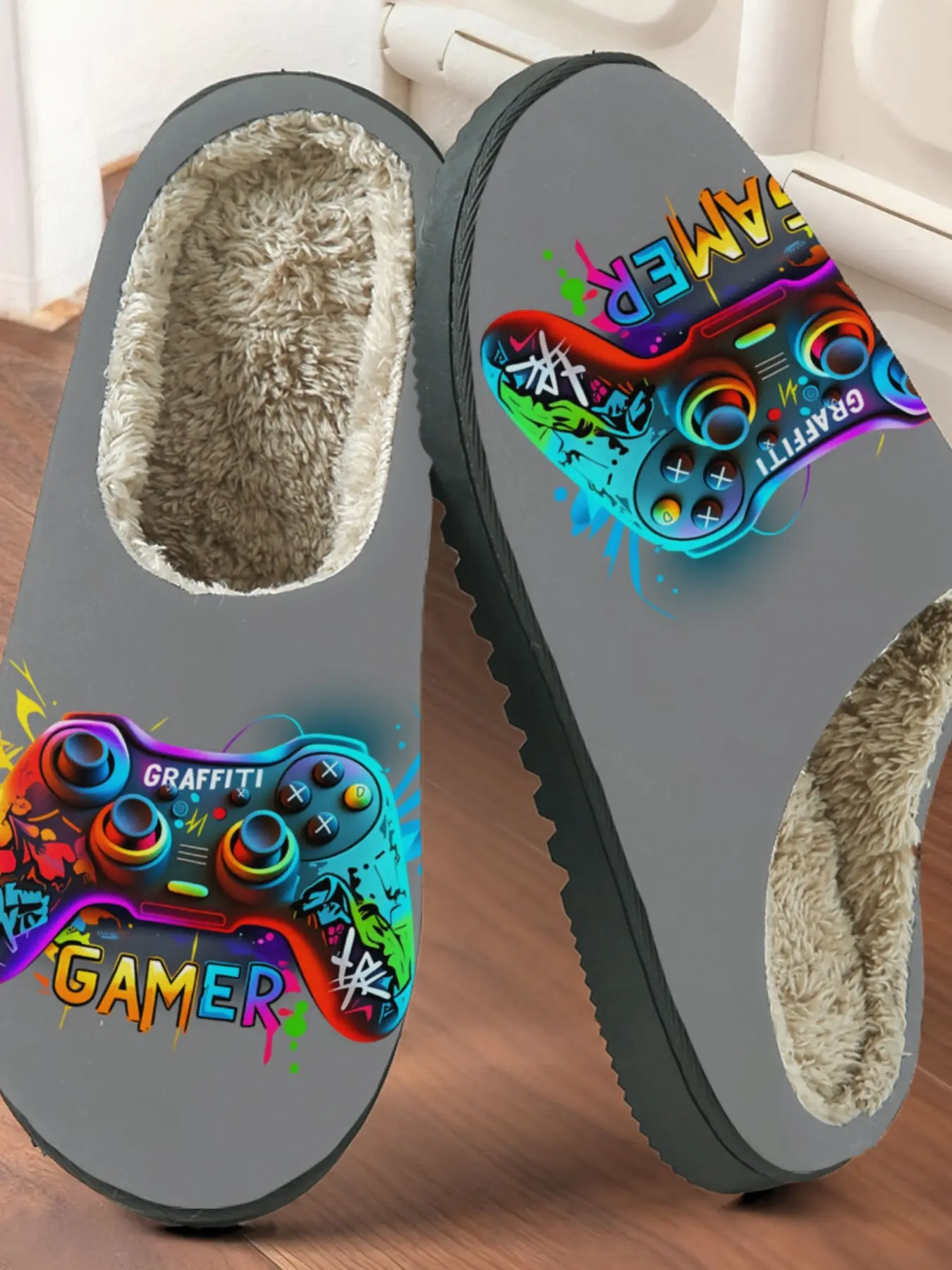 Game Controller Graffiti Style Cotton Slippers, Casual Textile Upper, Anti-Slip Thick Sole, Warm Winter Home Shoes for Gamers