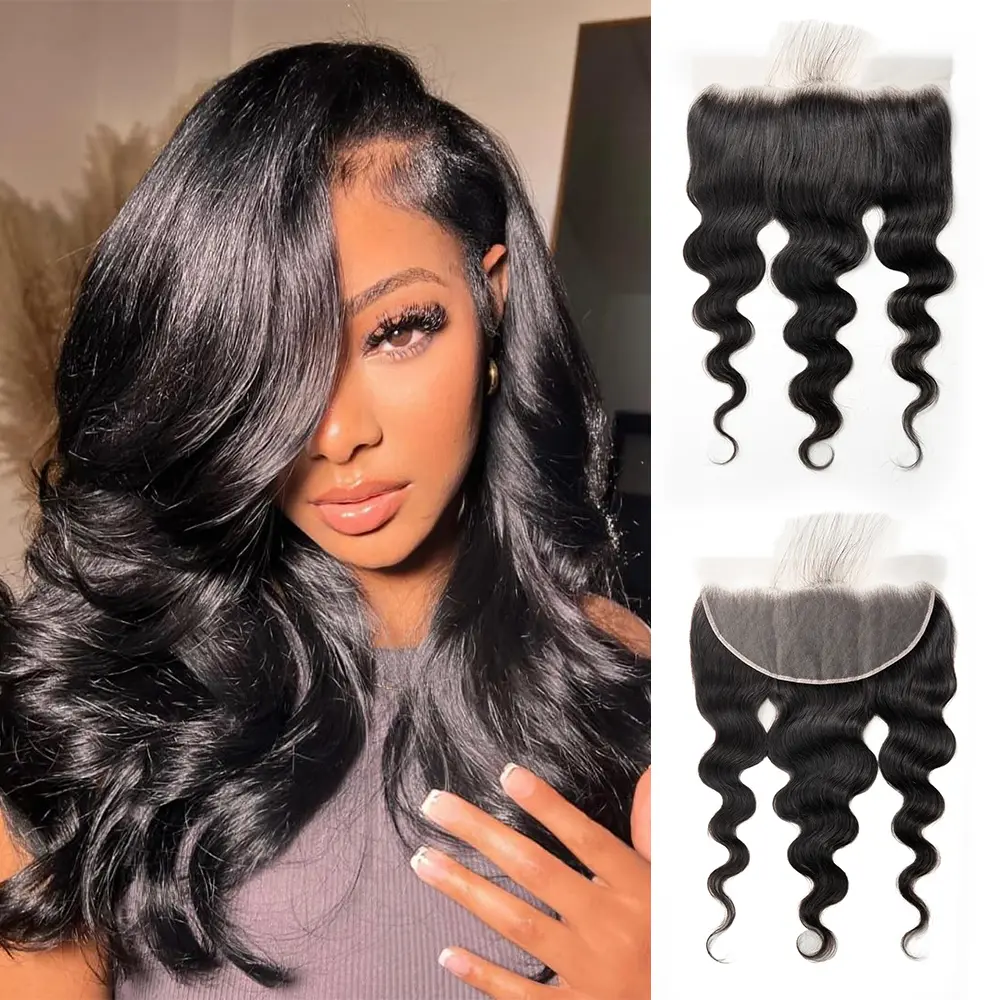 12A Brazilian Virgin Human Hair 13*4 Glueless Lace Closure, Body Wave, Breathable Invisible Free Part PrePlucked Natural Black, 100% Real Hair for Wedding, Casual, Dating (14-22 Inch)