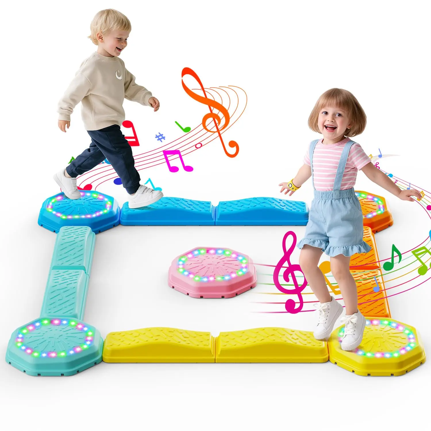 Holyton Light Up Stepping Stones for Kids with Music, 13PCS Balance Beam Obstacle Course Toy