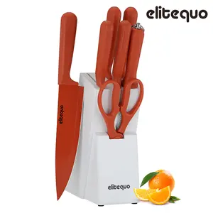 ELITEQUO 8PCS Chef Knife Set,High Carbon Stainless Steel Sharp Knife Set Blade Ergonomic Handle,Kitchen Knife Block Set with Sharpener (Red)