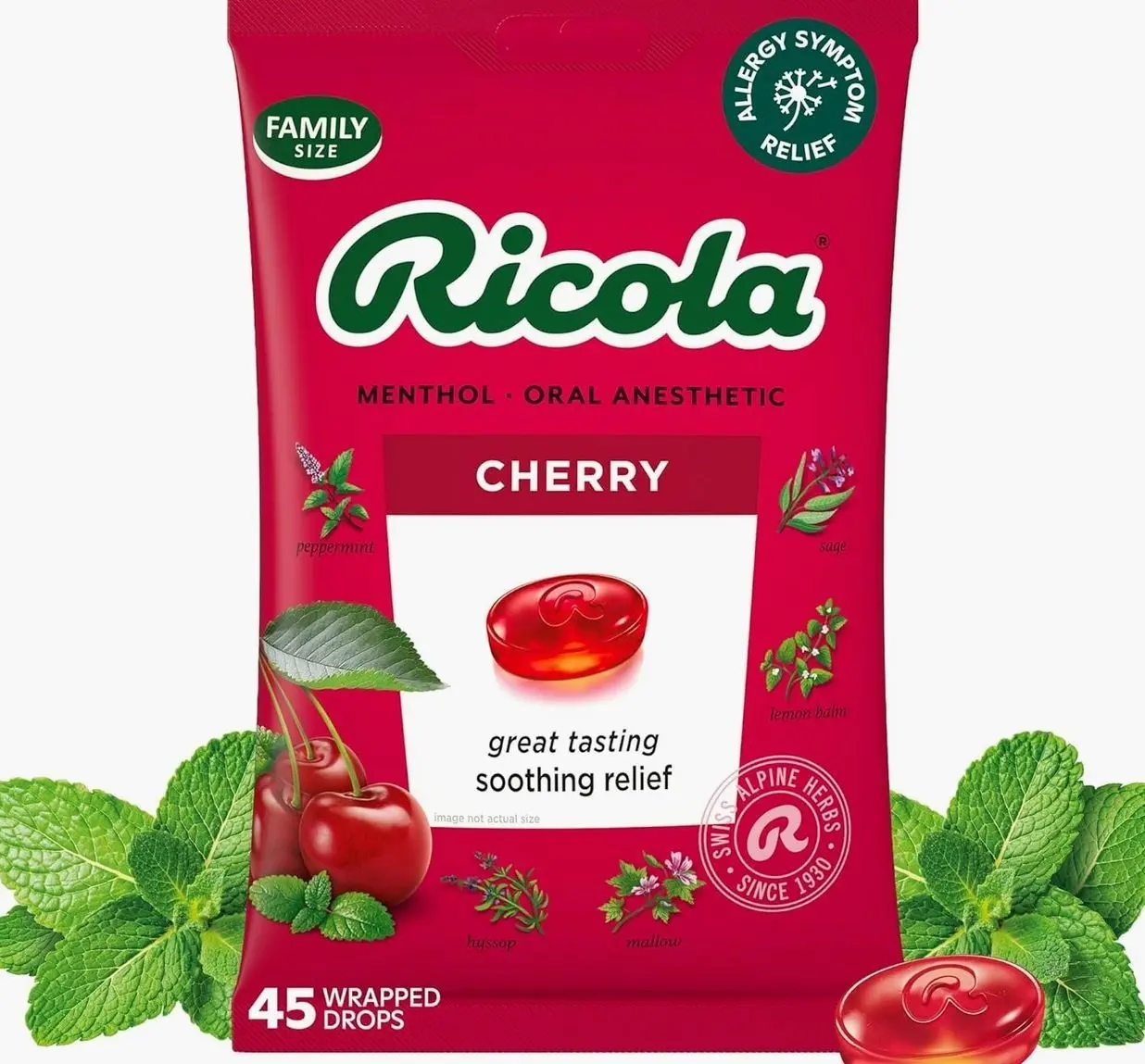 Ricola Cherry Throat Drops, 45 Count, Daily Drops For Delicious Throat Refreshment, Oral Anesthetic, Naturally Flavored | Made with Swiss Alpine Herbs and Low Menthol for Everyday Voice Care - Herbal Throat Lozenges