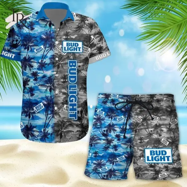 Bud Light Hawaiian Shirt Shorts Set Men Women Palm Tree Blue Gray Aloha Matching Outfit Summer Beach Party Sunbathing BBQ Festival Loose Comfortable Tropical USA