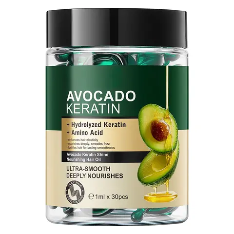 Avocado Keratin Hair Oil Capsules Infused with Hydrolyzed Keratin & Amino Acids for Dry & Frizzy Hair Smooths Frizz Restores Softness & Shine 30 Capsules