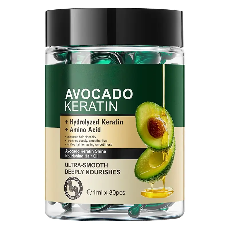 Avocado Keratin Hair Oil Capsules Infused with Hydrolyzed Keratin & Amino Acids for Dry & Frizzy Hair Smooths Frizz Restores Softness & Shine 30 Capsules