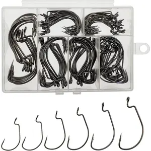 Worm Hooks  Bass Fishing Hooks, 110pcs Bass Hooks Fishing, 6 Sizes Fishing Hooks Freshwater, Eagle Claw Hooks # 1 1/0 2/0 3/0 4/0 5/0 Black High Carbon Steel with Portable Plastic Box