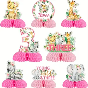 8pcs Young Wild and Three Anniversary Birthday Decorations, Safari Centerpieces for Tables, Double Sided Printing Pink Jungle Safari Animal Centerpiece Honeycomb for Table Safari Birthday Decorations