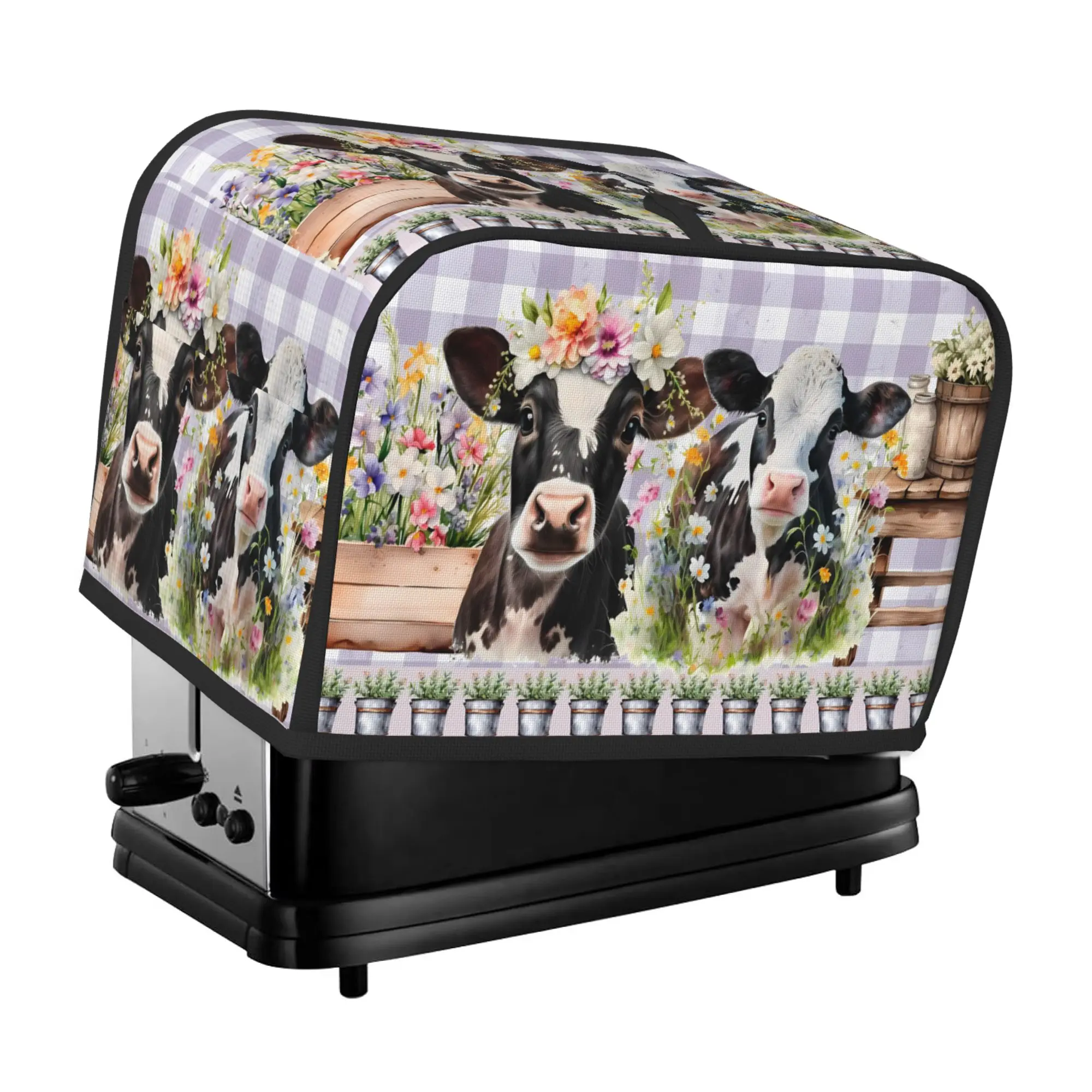 Purple Flower Highland Cattle Foldable 2-Slice Toaster Cover, Dustproof Small Kitchen Appliance Protector, Table Home Decor Gift