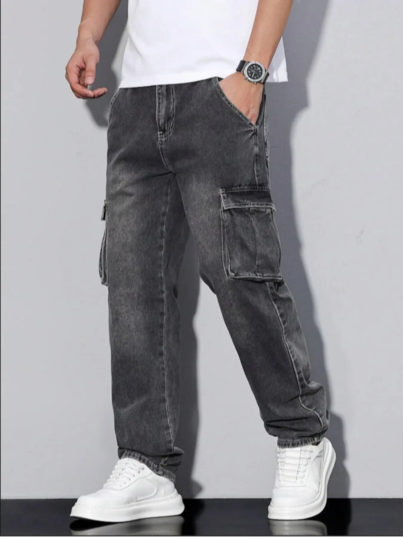 Men's Loose-Fit Classic Work Jeans, Baggy Jean, Multi-Pocket Utility Pants, Durable Non-Stretch Denim, Streetwear Street Fashion Casual Wear, All-Season Style