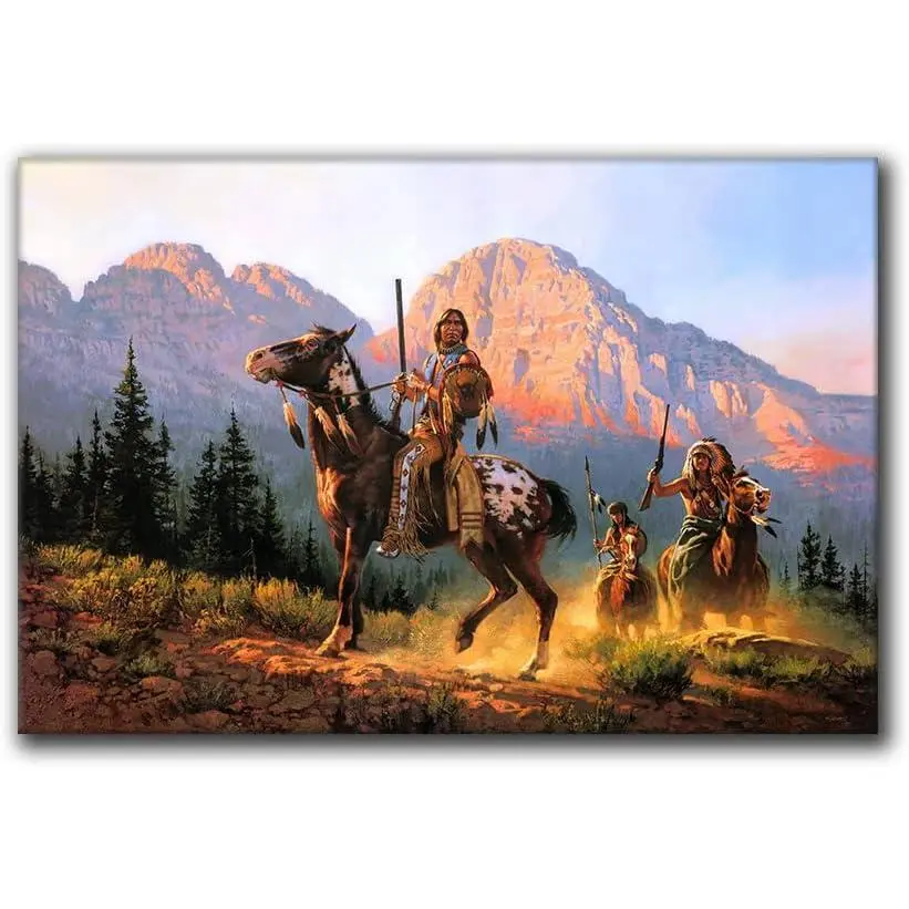 Native Theme Canvas Wall Art Print - Handmade Frame Indian Warrior & Native Chief Landscape Print, Vintage Indoor Home Decor for Living Room, Frame-Style, Indoors