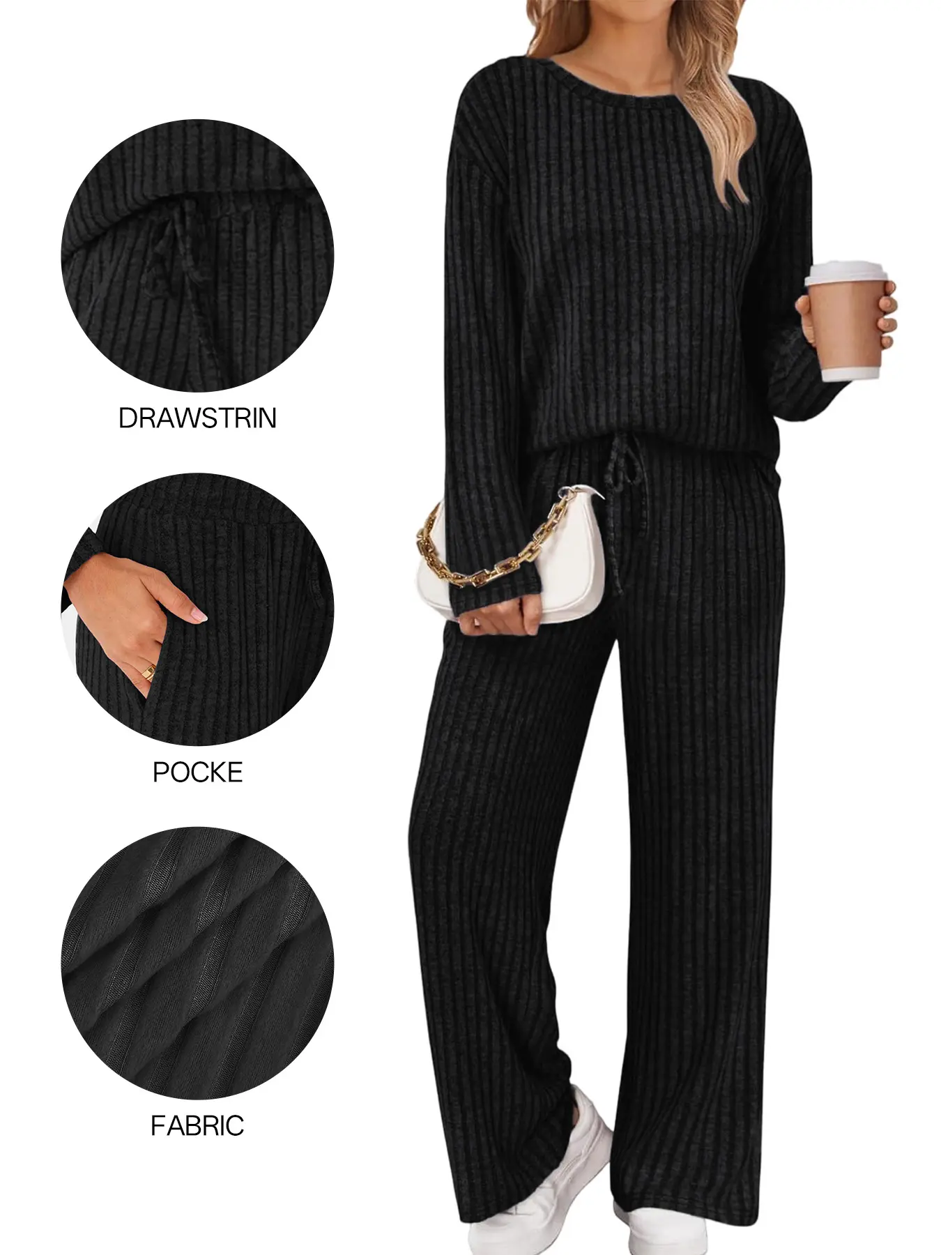 Women's Autumn/Winter 2-Piece Knit Loungewear Set - High-Stretch Warm Ribbed Crew-Neck Long-Sleeve T-Shirt & Adjustable Elastic-Waist Drawstring Wide-Leg Pants, Everyday Minimalist Slimming Bulge-Hiding, for Home Wear & Casual Errands