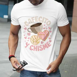 Cafecito y Chisme Latina Concha T-Shirt | Mexican pastry graphic print design, casual crew neck short sleeves, all-season wear + soft and skin-friendly, cute festive style, white background, eye-catching, perfect for gifting or daily wear.