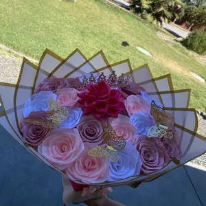 Eternal Rose Ramo Bouquet in Soft Pink Tones 20 Count with Central Dahlia Flower Roses Pink Crown Golden Butterflies for Gifting