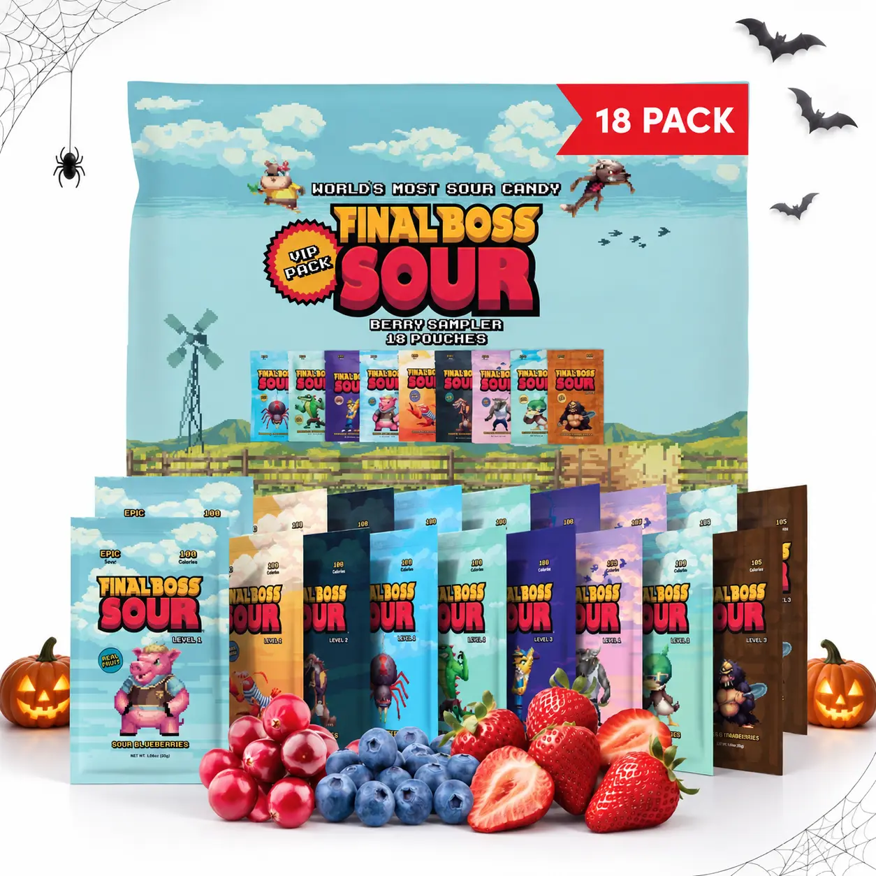 Final Boss VIP Sampler Pack - Sour Candy - 18 Pouches of Sour Strawberries, Blueberries, Mango, Kiwi, Pineapple, and Cranberries - 3 Level Sour Challenge