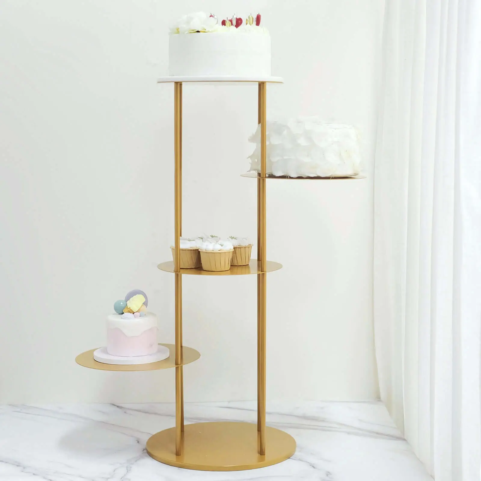 5-Layer Tiered Round Shape Gold Metal Cake Stand Centerpiece - 2.5ft Pillar Style Decor, Cupcake Dessert Display Shelf Planter for Weddings, Baby Showers & Upscale Events