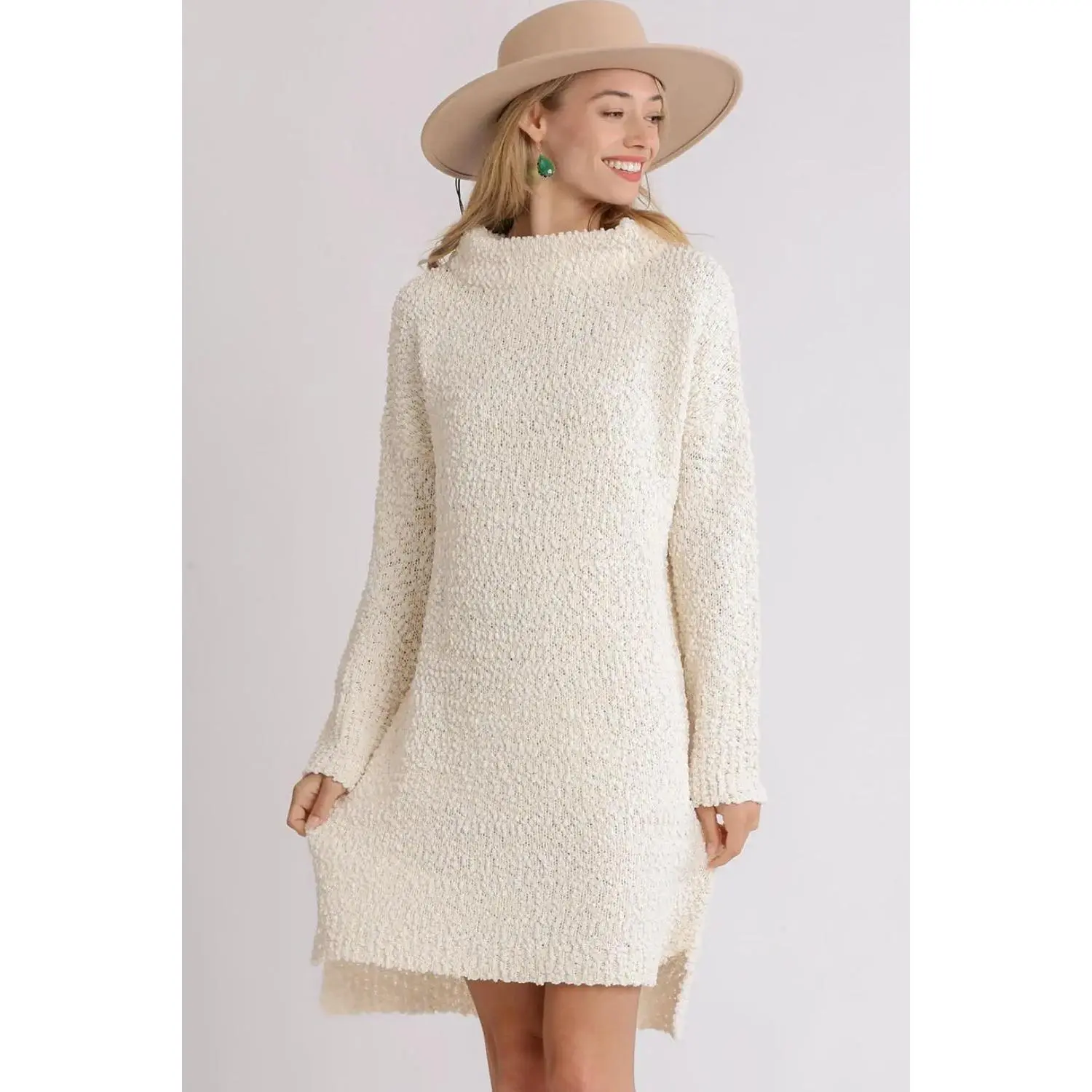 Women's Boucle Acrylic Sweater Dress - Casual Longsleeve Pullover with a Twist Front, High-Low Hem, and Side Slit, Plus Size, Longsleeves, Polyester Blend, Imported, Boucle Fabric, Slit Detail, 1Xl, Jumper, 2Xl