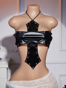 Music Festival, PU Leather Rivet Halter Top, Dark Gothic Cutout Straps, Bold Girlie Shirt, Perfect for Parties and Events