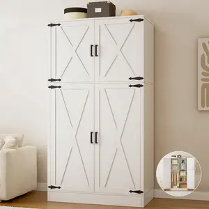 71'' Farmhouse Wardrobe Closet with Hanging Rod, 4 Barn Door Clothing Storage Cabinet with Adjustable Shelves, Freestanding Wardrobe Cabinet for Bedroom, Living Room, Cloak Room, Office