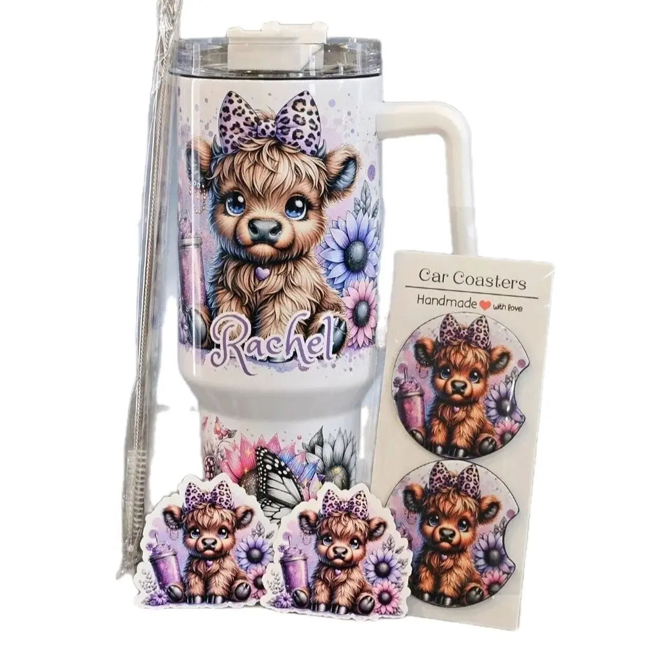 Personalized Highland Cow Tumbler - 40oz Quencher - Purple - Stainless Steel Insulated - Gift for Her -  Drinkware Water Bottles