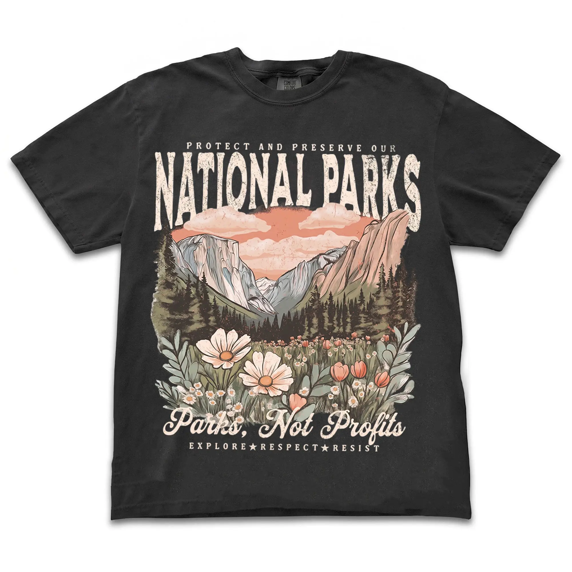 National Parks Graphic T-Shirt Unisex Vintage Nature Lover Shirt Parks Tee Protect Our Parks Granola Girl Top Oversized Black Cotton Shirt Wildlife Apparel Mountain Wildflower Clothing Outdoor Hiking Gift Explore Respect Tee