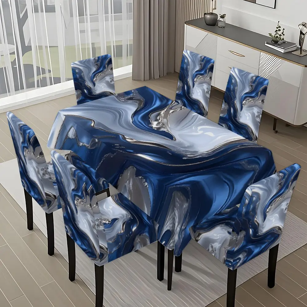 5/7-piece 2D Flat Printing Blue and Silver Flowing Texture Printing Pattern Tablecloth Chair Covers Set, for dining table and chair decoration, perfect for home, holiday gatherings, restaurants, and parties.