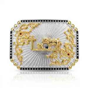 Praying Cowboy Western Belt Buckle – Sunburst Star Border Christian Cross Hebilla Vaquera Rodeo Gold Silver Red Jewels Fits 1.6 Inch Men Belt