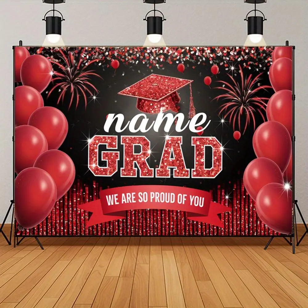 1PC,2D Flat Backdrop Custom Name Graduation Backdrop, Red Theme Grad Party Decor Background with Balloons Fireworks & Grad Cap, "We Are So Proud of You" Graduation Ceremony Photo Backdrop for Gr,summerwins