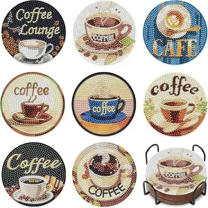 8 Piece Diamond Art Painting Coaster Set with Stand, Diamond Painting Coasters, DIY Coffee Pattern Series for Adults and Beginners, Perfect Gift for Friends